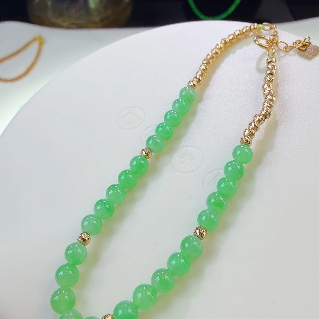 翡翠18K金镶嵌手链果绿珠珠串