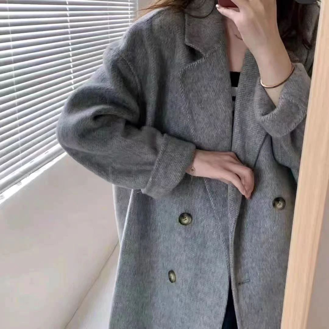 女落肩袖长款长袖宽松型毛呢外套时尚外套网红双面呢百搭