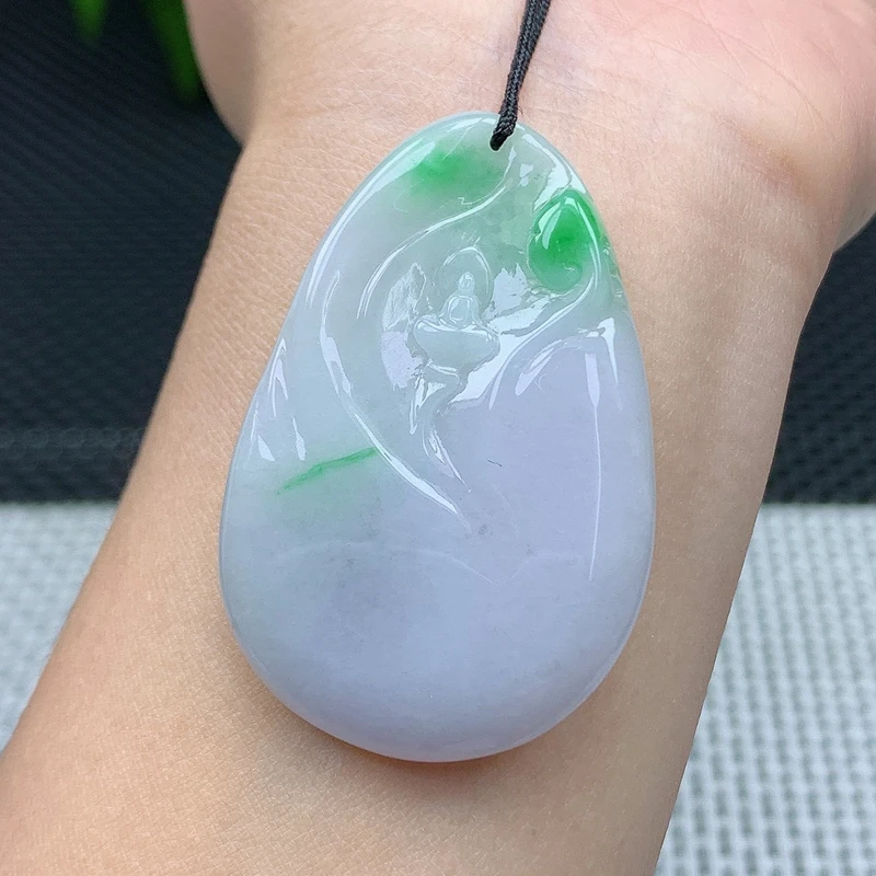 天然缅甸翡翠A货双彩飘阳绿悟道吊坠玉石挂件20.71