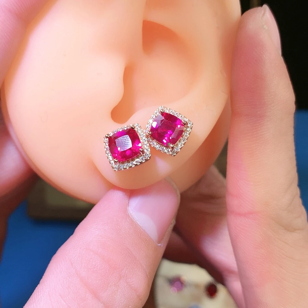 红宝石耳饰银S925镶嵌