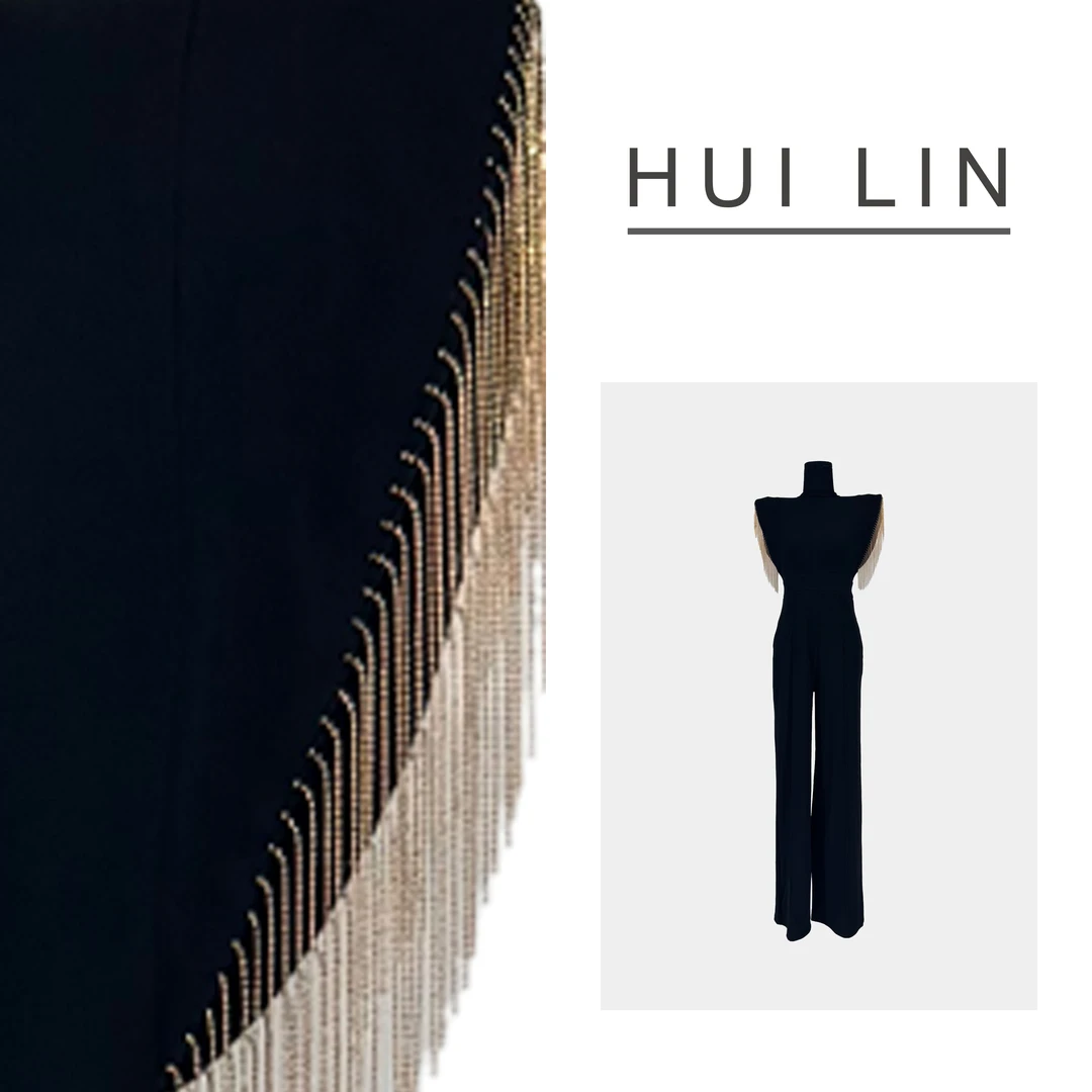 【夏季新款】气质高端黑色无袖流苏拼接直筒连体裤【25524】