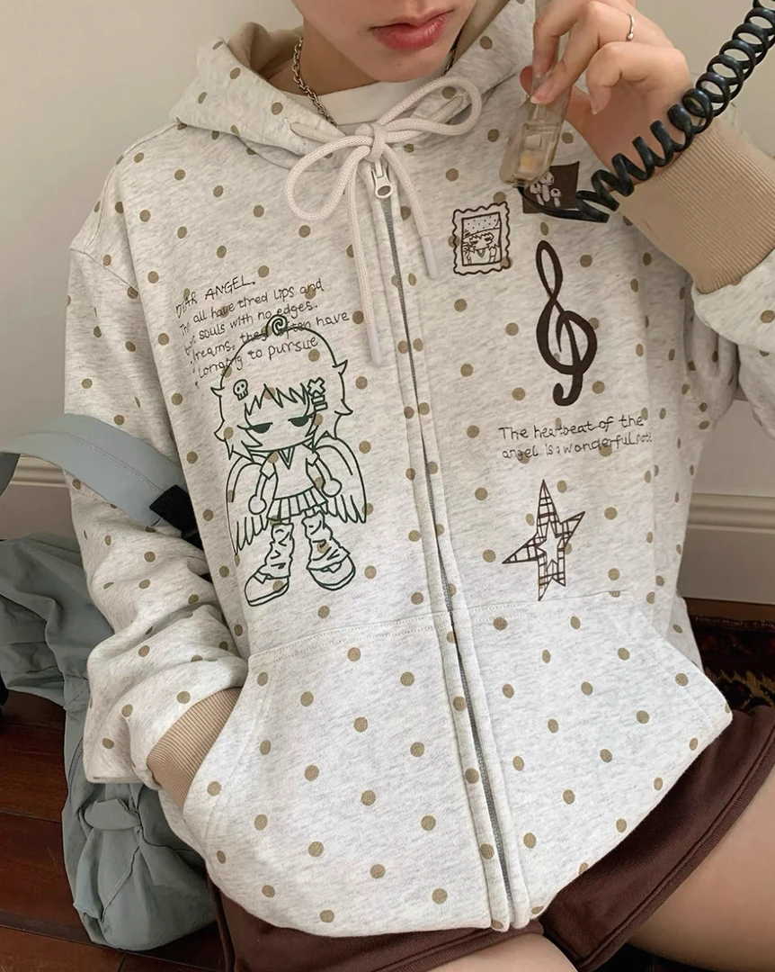 美好天使梦卡其拼接燕麦色波点女孩连帽卫衣外套