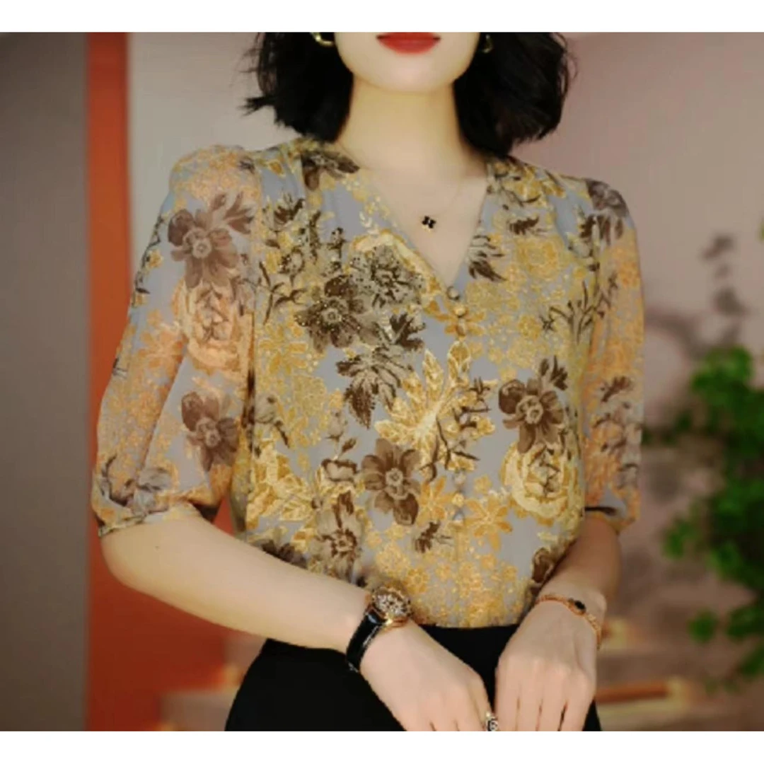 2025夏季中袖印花衬衫中性风套头宽松型雪纺衫修身遮肚子小衫W381