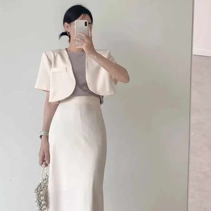 2025夏季新款韩系小香西装外套气质通勤上衣高腰显瘦半身裙两件套