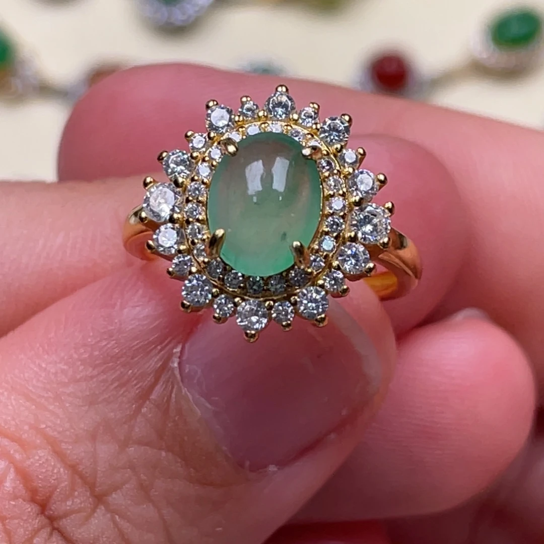 翡翠戒指银S925镶嵌七****5纯天然缅甸翡翠