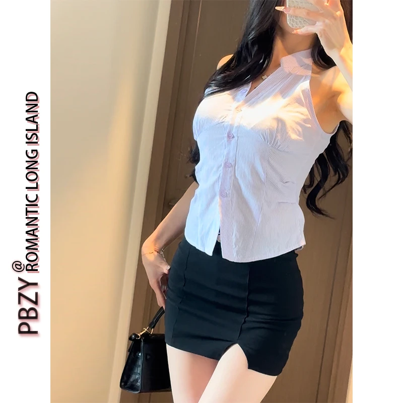 【律政佳人】纯欲风无袖条纹背心上衣女夏季辣妹新款6638#