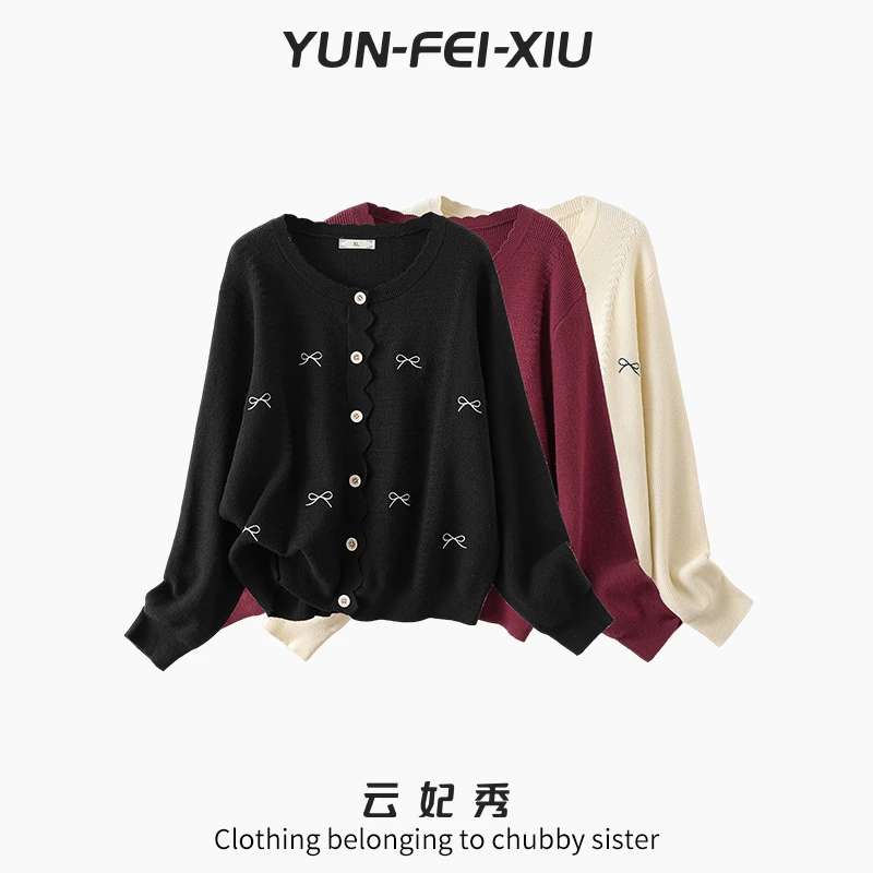 云妃秀大码女装针织衫时尚休闲宽松显瘦微胖圆领蝴蝶结开衫春5848