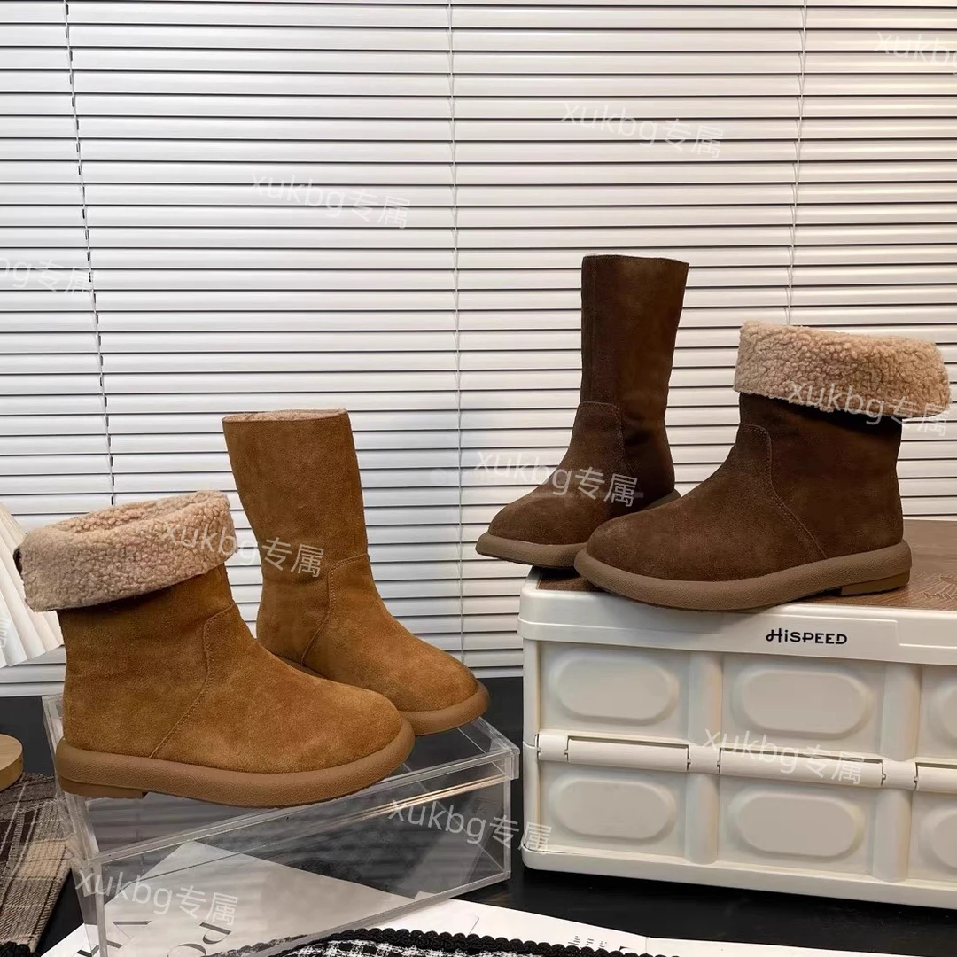 【llcc】2024冬季女鞋新款加绒保暖棉鞋厚底中筒靴翻毛皮雪地靴