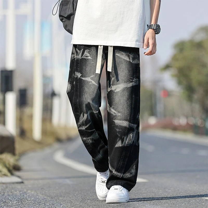 美式复古扎染牛仔裤男士潮牌痞帅阔腿裤宽松男士休闲直筒长裤春秋