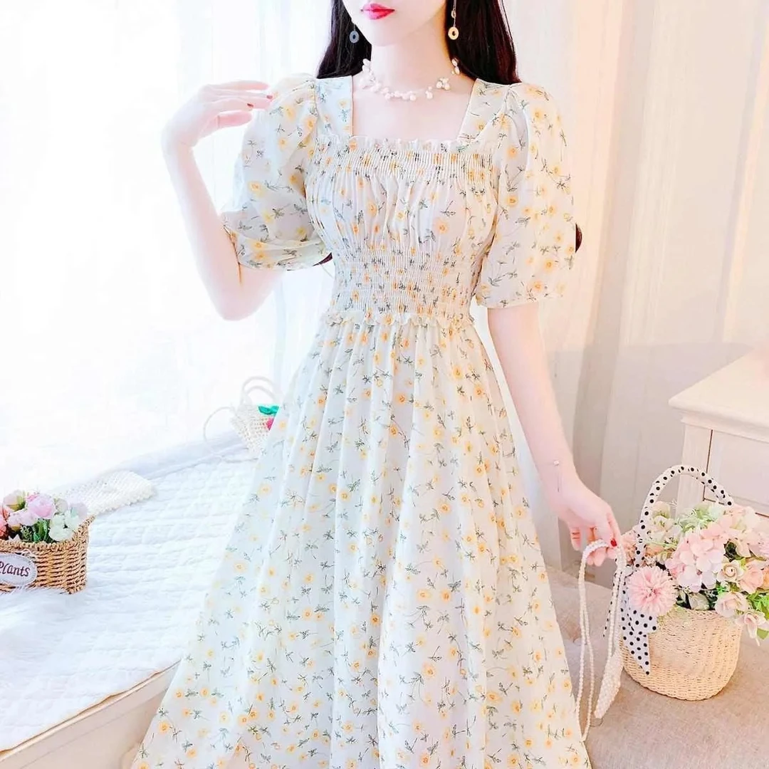 茶歇法式连衣裙碎花长裙裙子女夏季新品仙女裙气质方领超仙a字裙