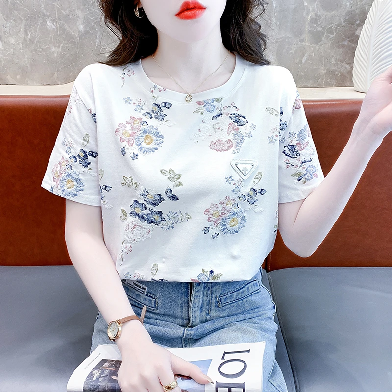夏季新款女士短袖t恤ins风时尚甜美圆领体恤慵懒风印花打底上衣服