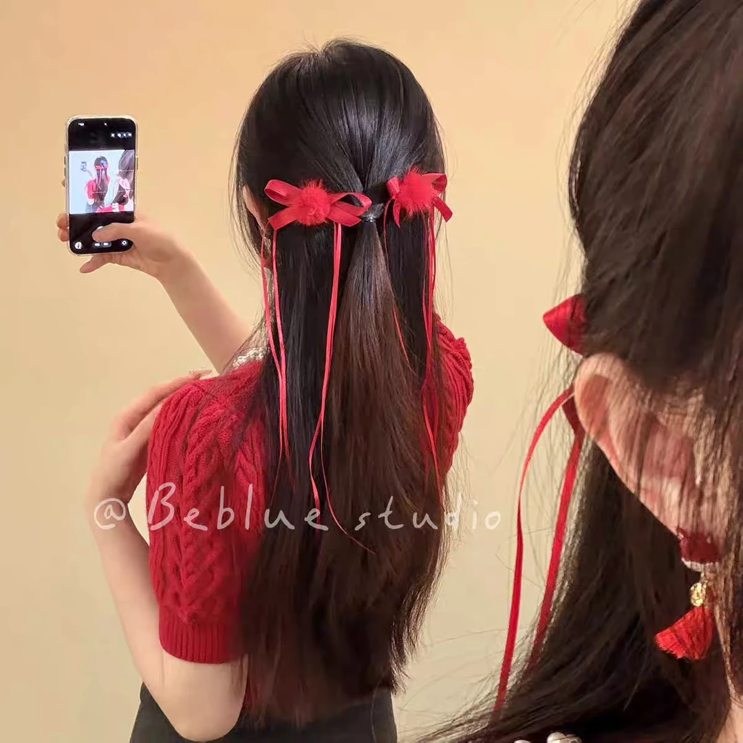 秋冬红色毛球蝴蝶结飘带发夹女2026新款新年发饰头饰