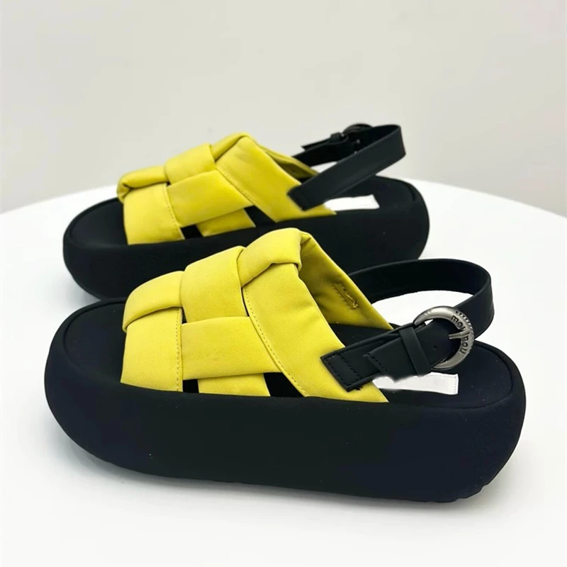 爆款2025新款厚底凉鞋女2025夏季百搭外穿露趾编织面包海边沙滩鞋