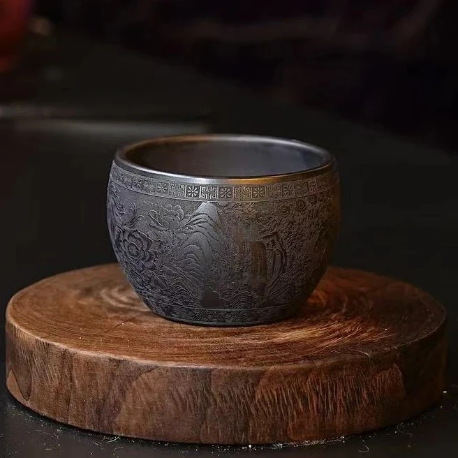 宜兴原矿石黄手工刻绘千里马八骏高端精美紫砂主人杯
