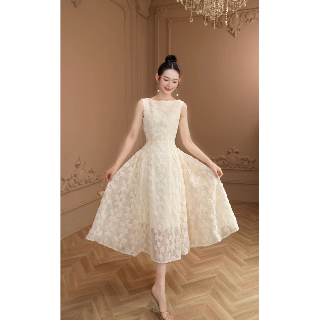 【童童定制】新款气质名媛高级感提花夏季轻奢无袖优雅连衣裙9025