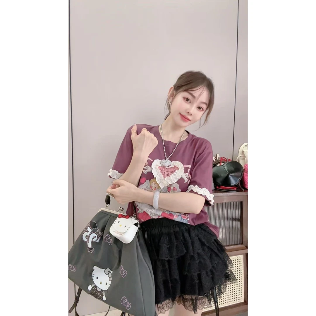 韩国INS时尚印花拼接蕾丝爱心T恤