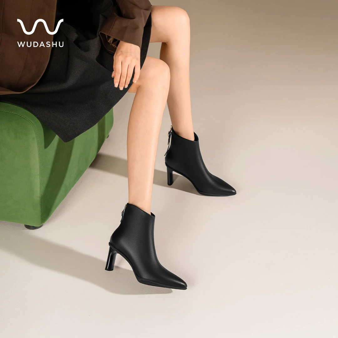 吴大叔【新国标95白鹅绒】法式羊皮及踝靴气质高跟短靴鹅绒靴Z293E