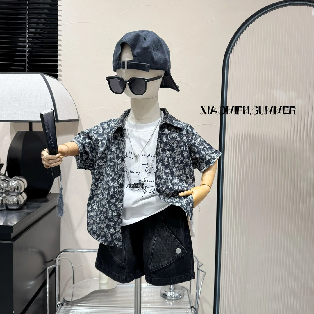 现货〃2025夏套装碎花衬衫短袖短裤韩版男童新款洋气潮儿童xtt0730