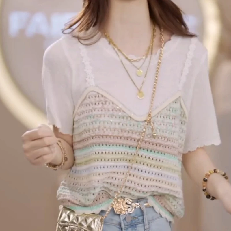 短袖宽松针织衫女夏新款韩版甜美彩色条纹拼接假两件吊带洋气上衣