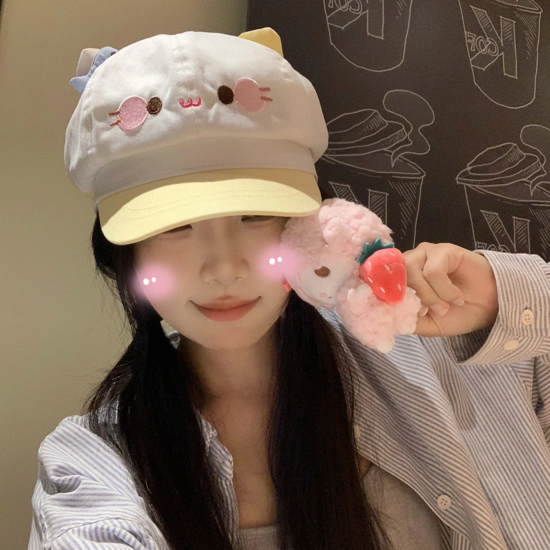 甜美可爱小鱼猫咪贝雷帽女卡通显脸小百搭八角帽出游报童画家帽子
