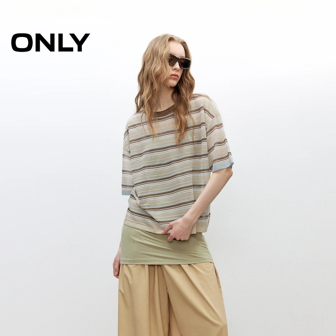ONLY夏季复古条纹落肩短袖宽松薄款针织衫女休闲设计感|125245001