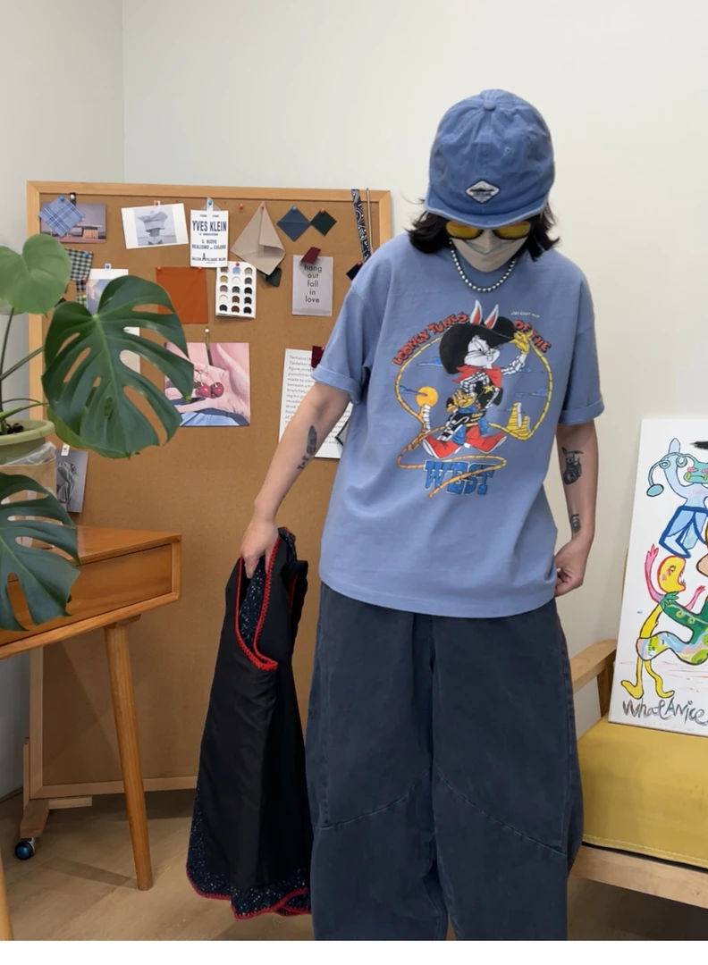 日系复古做旧洗水棉小版卡通短袖休闲圆领短袖T恤