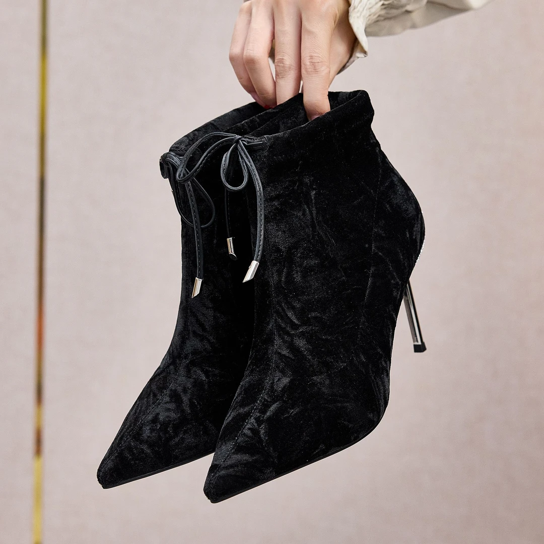 6616-20秋冬新款金属细跟高跟鞋尖头绒面袜靴短靴显瘦弹力靴