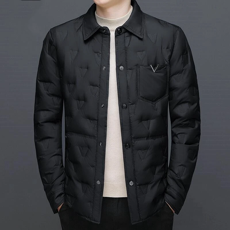 男士冬款翻领白鸭绒轻薄开衫保暖休闲羽绒服防寒短款上衣外套