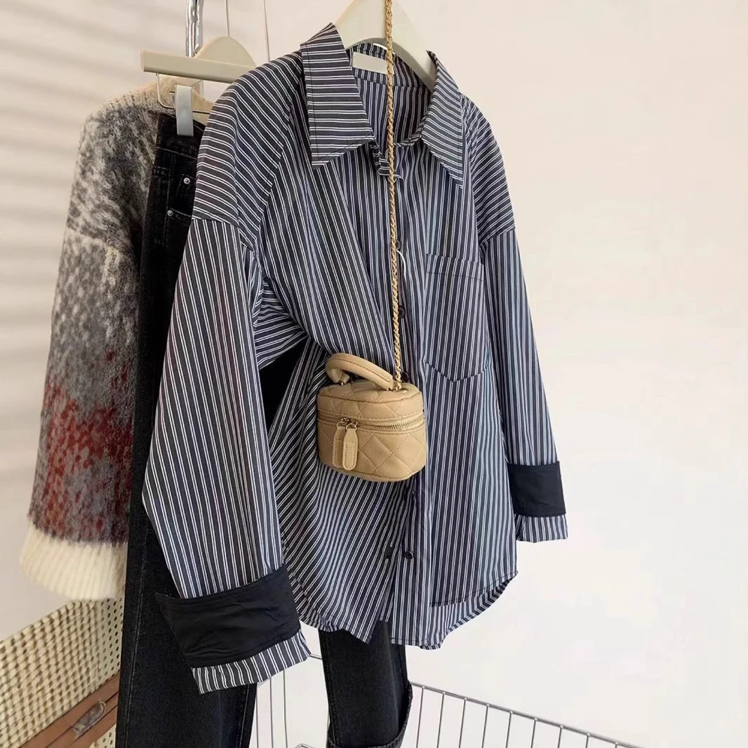 宽松慵懒风假日休闲条纹衬衫外套宽松女设计感春季新款长袖上衣服