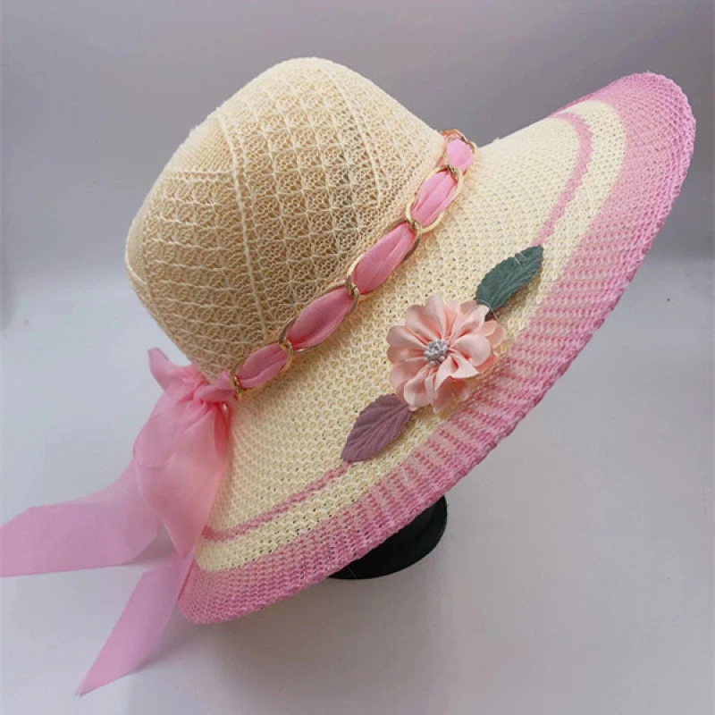 夏季新款女帽子旅游防紫外线防晒遮阳帽印花链条大檐女士针织帽子