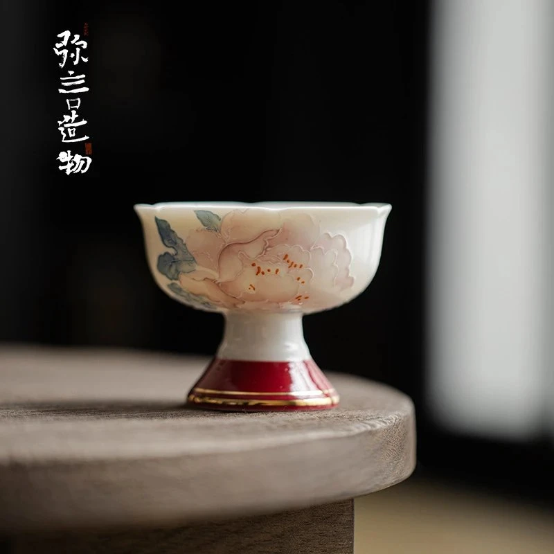 釉下彩牡丹花手工高足杯茶具主人杯高脚杯品茗杯中式家用创意单杯