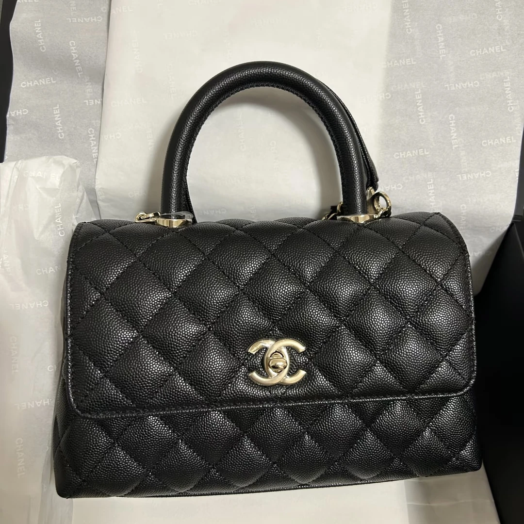 95新 Chanel/香奈儿 12333小号黑金荔枝牛coco憨豆
