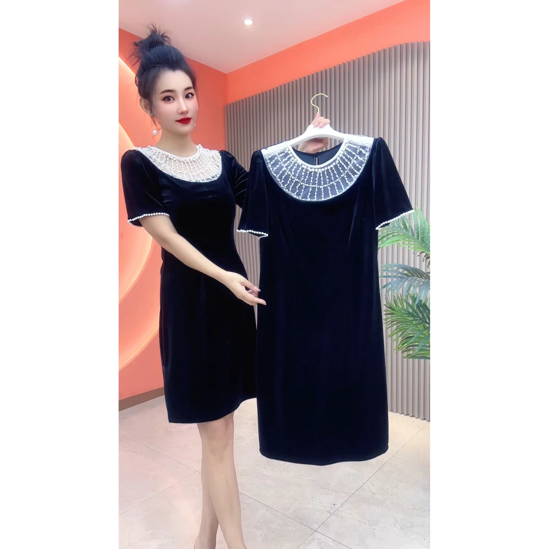 1013女士短袖夏季百搭中长裙重工艺珍珠收腰显瘦连衣裙