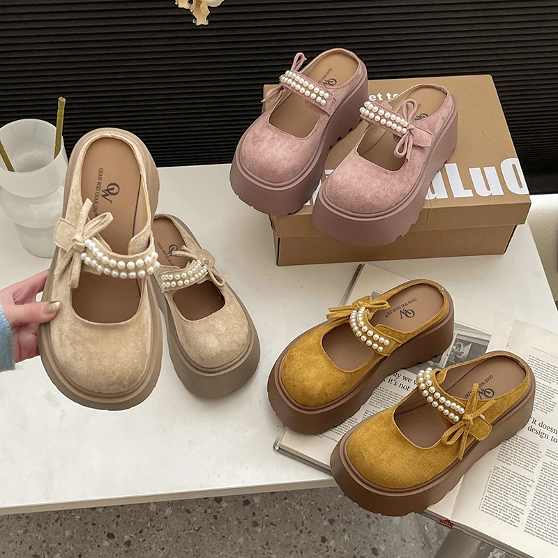OJRZ可爱蝴蝶结珍珠厚底玛丽珍拖鞋女2025春季新款防滑松糕包头拖