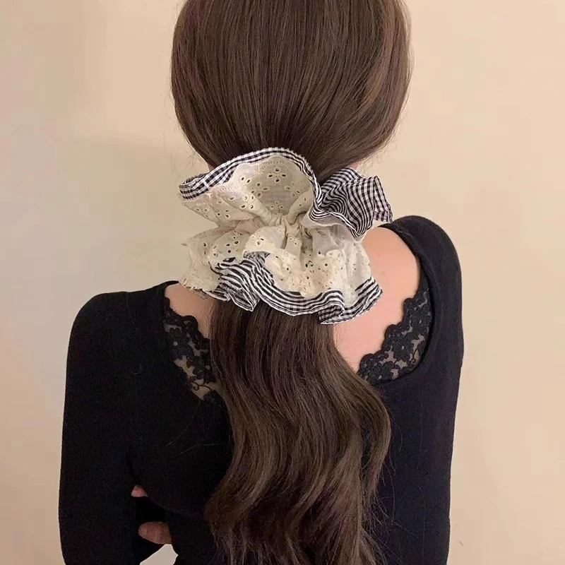 超大号格子蕾丝花边大肠发圈女高级感头花头绳2025新款扎头发发绳