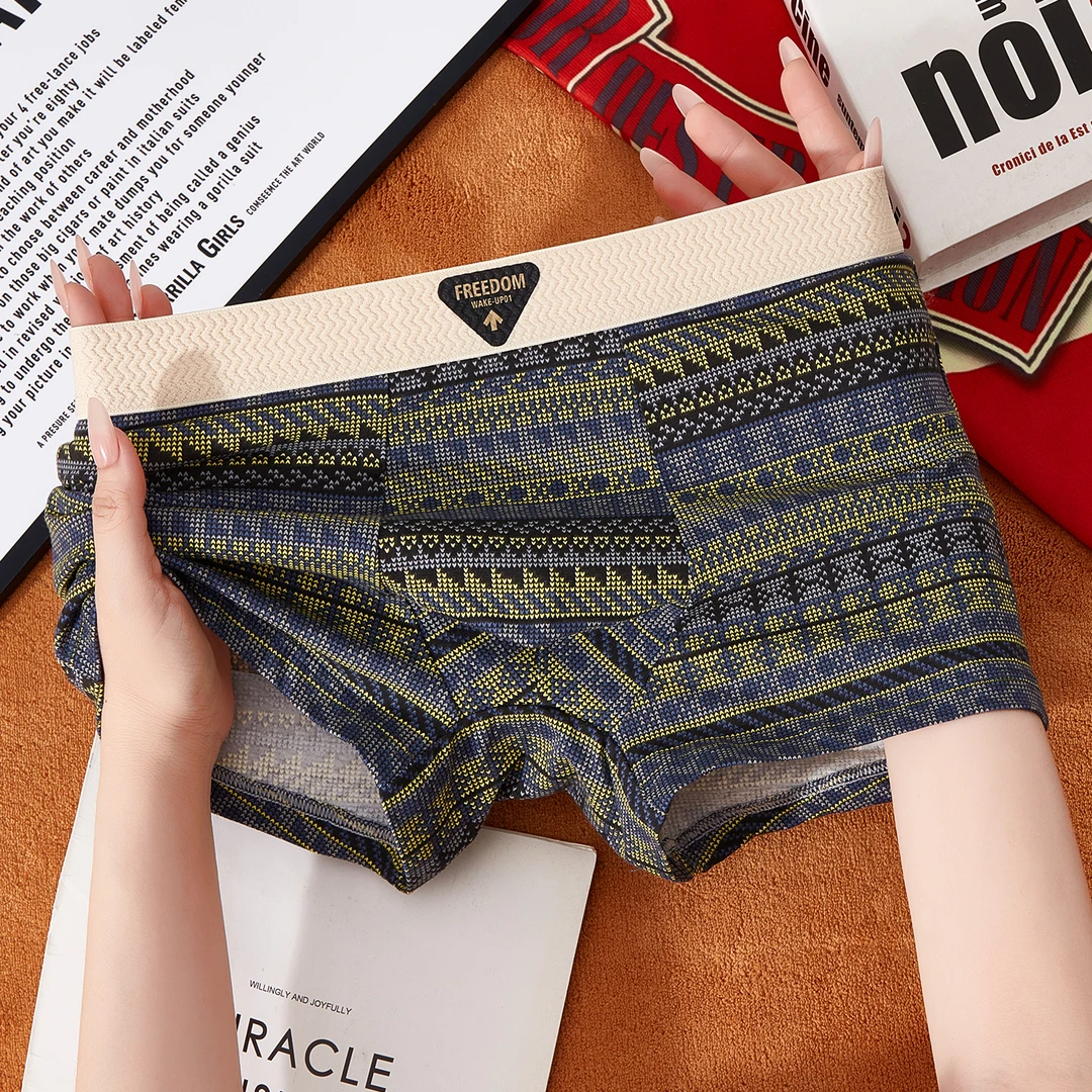 雅鹿纯棉男平角民族风条纹印花男士中腰裤头格纹透气亲肤宽松舒适