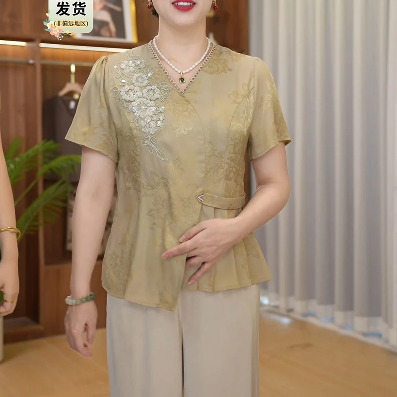 2025新款短袖妈妈夏套装新中式小衫洋气中老年女装端庄大气上衣服