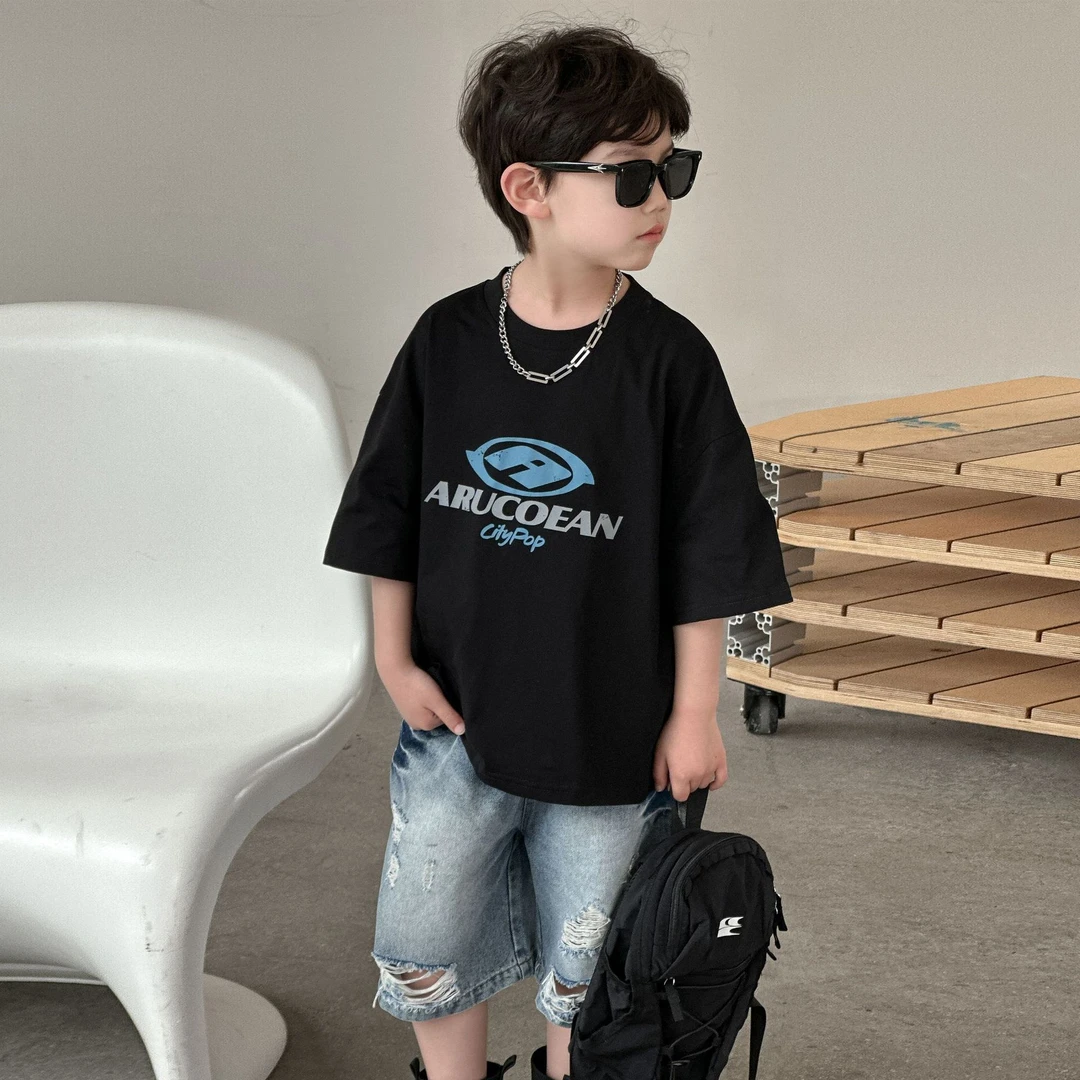 A.MU男童夏款短袖t恤2025新款儿童纯棉打底衫美式复古夏季服装T童