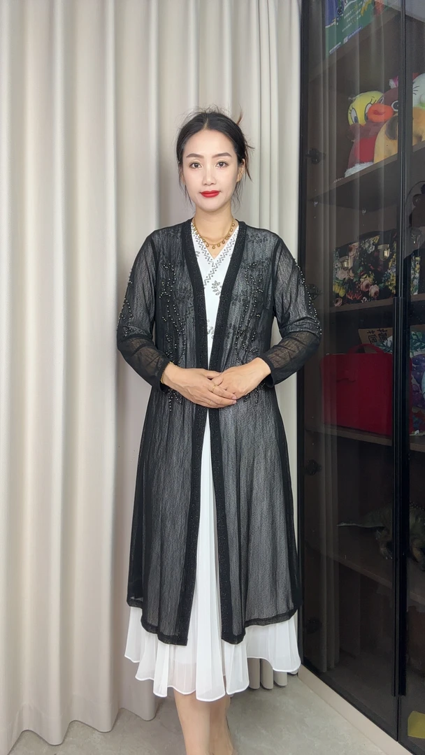 【新疆包邮】中老年外搭袖薄款防晒中长款设计师时尚夏季黑色