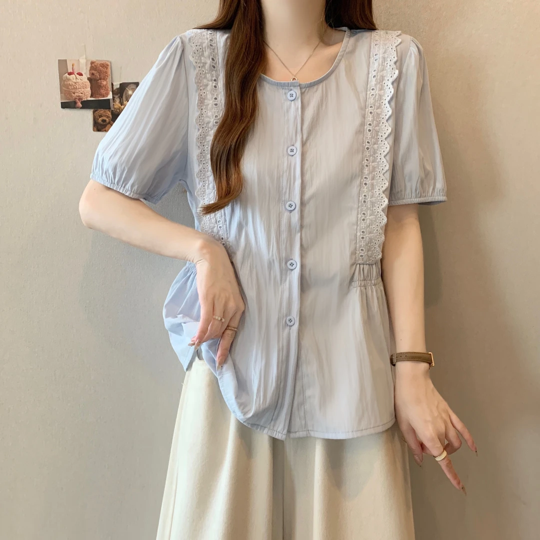 减龄时尚娃娃衫大码女款加大收腰短袖上衣女雪纺遮肚方领短袖上衣