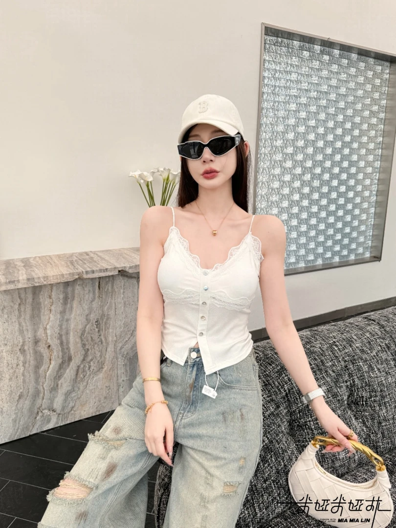 2025新款蕾丝吊带背心辣妹短款性感美背