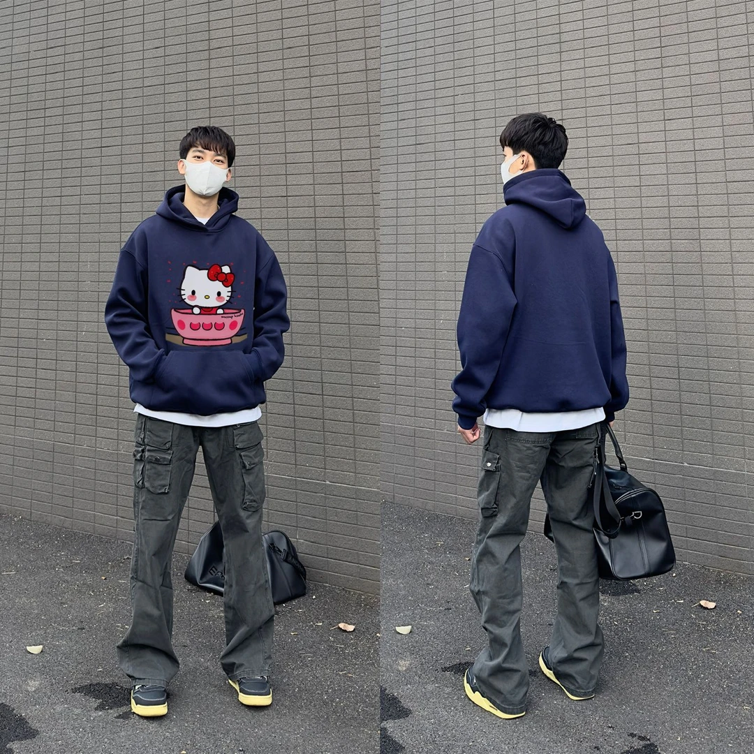 WASSUP HSUBE休闲印花长袖卡通猫咪秋冬字母宽松卫衣百搭情侣上衣