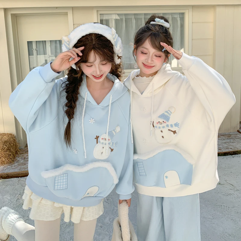 森女部落甜美风卡通刺绣加绒连帽卫衣女2025新款百搭学生秋冬上衣