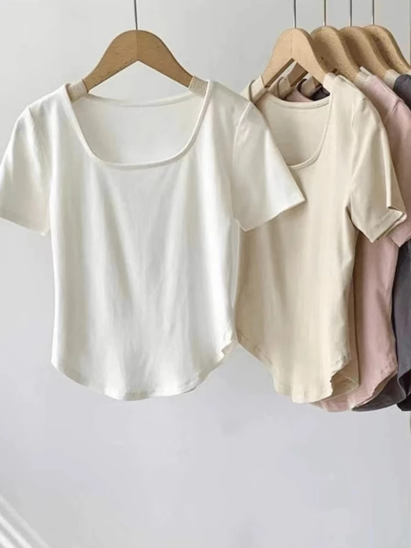 莫代尔棉夏季方领正肩短袖t恤女显瘦百搭打底衫上衣