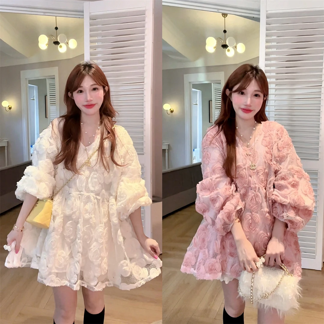 JENNIFER JXLIU韩版秋～蜜桃粉奶油白V领花朵娃娃款宽松短裙连衣裙