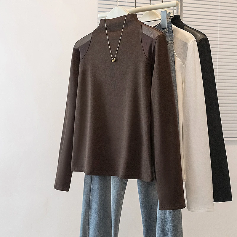 2025秋冬新款韩系网纱半高领长袖设计感显瘦立领T恤宽松百搭上衣