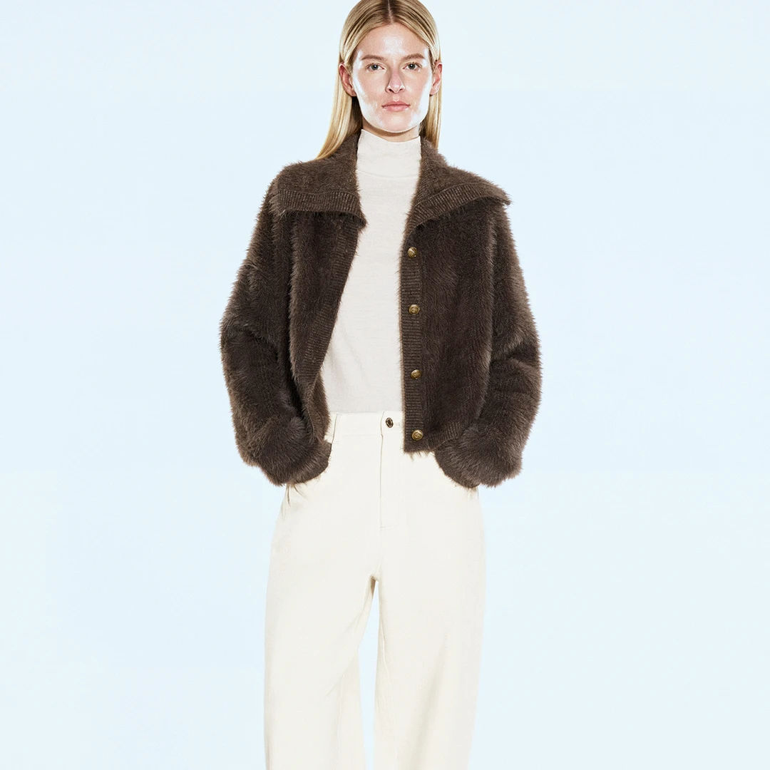 COVERINS冬季新款休闲绒感翻领针织开衫CC34506070