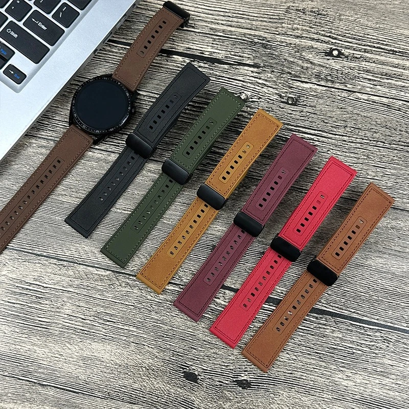 适用于华为GT4/5 三星WATCH智能手表表带 硅胶贴皮磁吸折叠扣表带