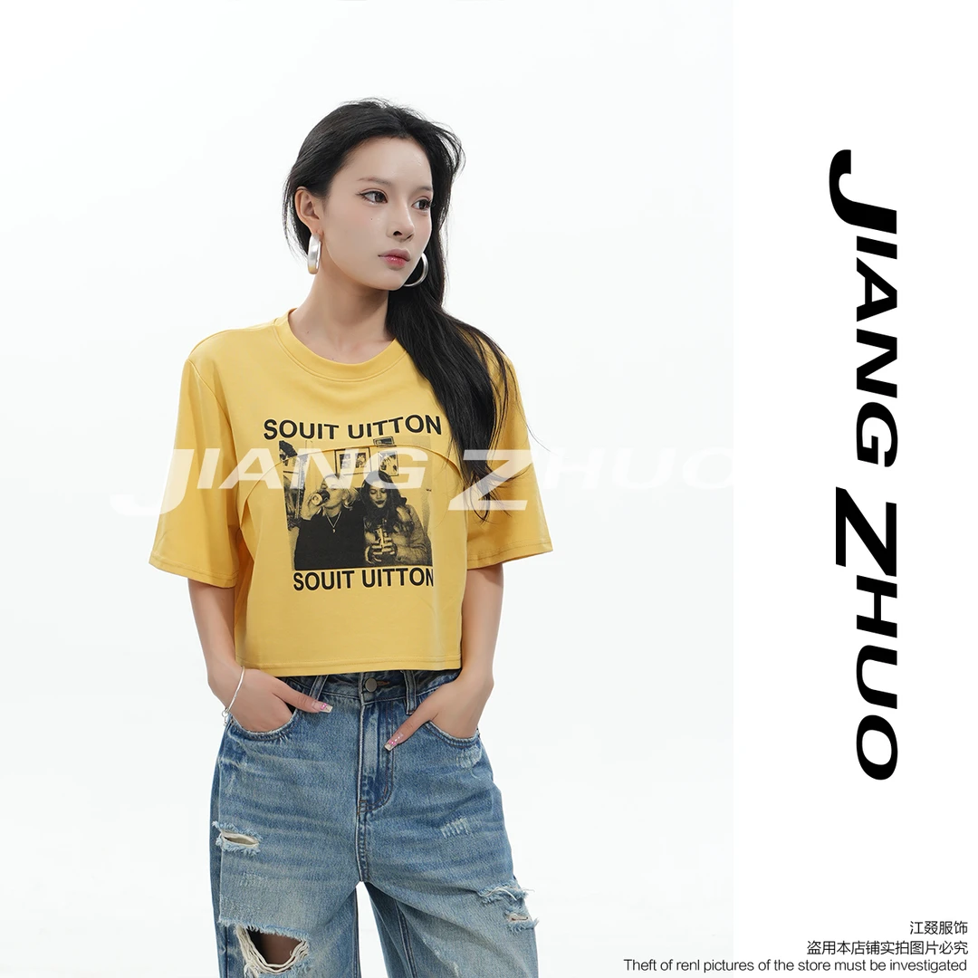 JIANGZHUO 【摩登女孩】美式潮流圆领字母印花短袖T桖女夏