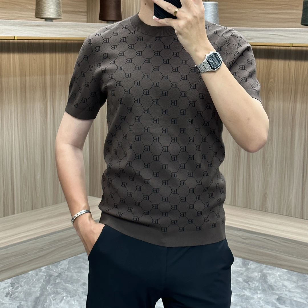 早秋新款男士针织衫短袖商务休闲打底衫字母提花高级圆领百搭潮流